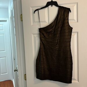 EXPRESS bronze metallic one shoulder cocktail dress